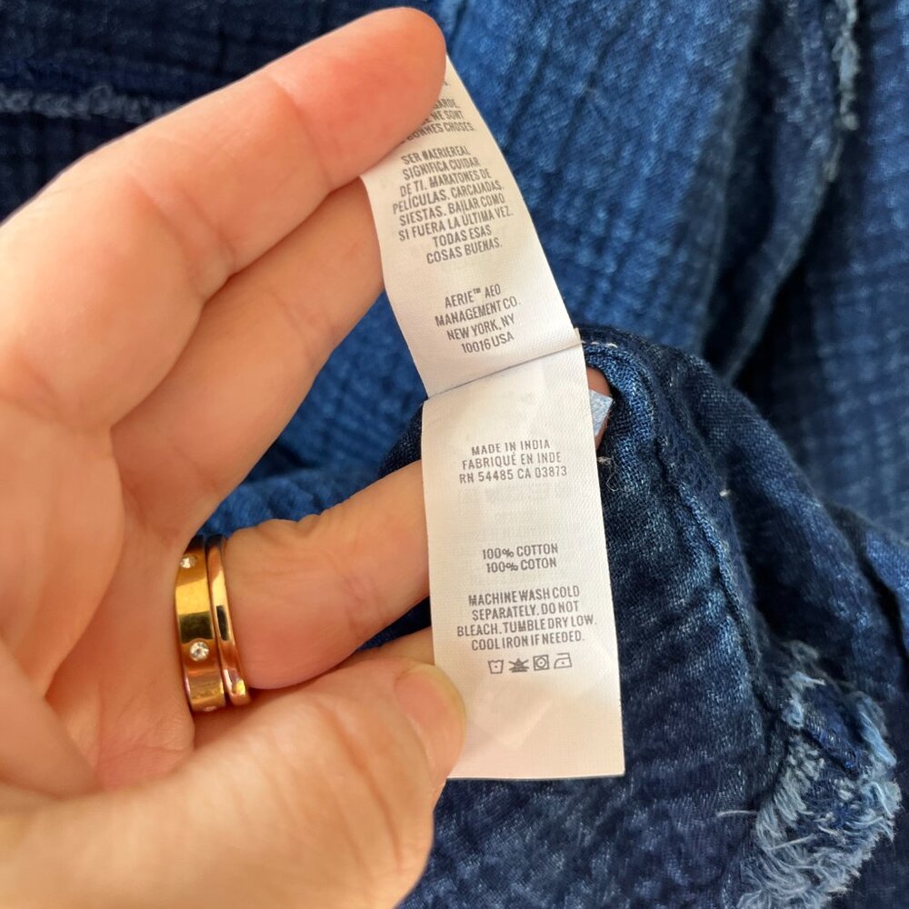 Aerie Sz M Oversized Indigo Blue Gauze Cover Up Button Down Shirt Dress Pocket - Picture 14 of 14